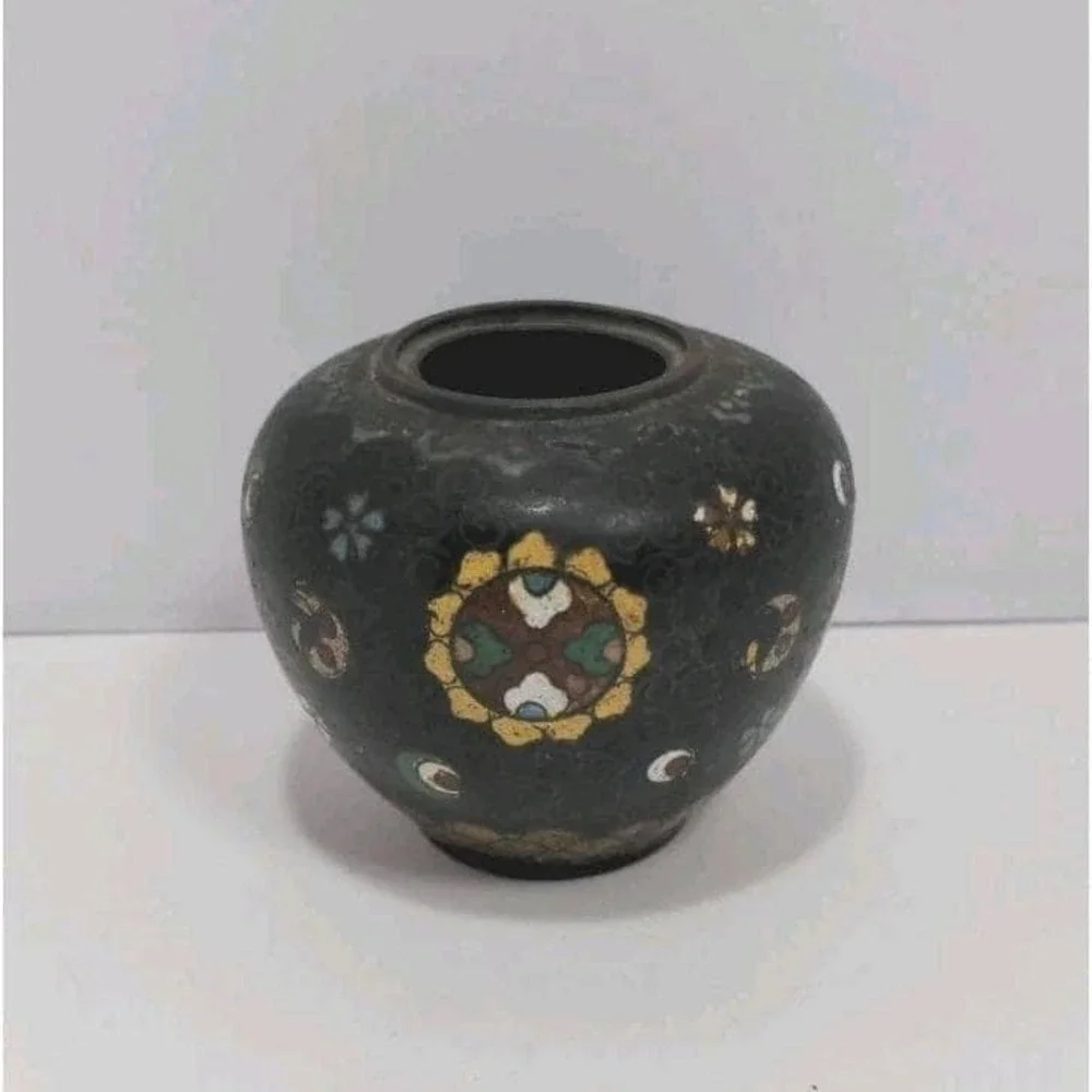 Vintage Cloisonne Mini Vase Black Floral Enamel 2.5